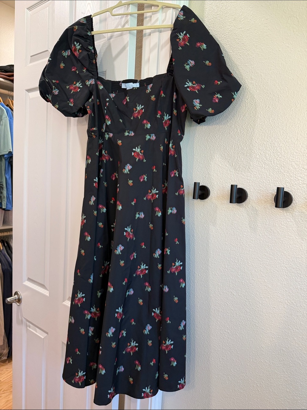 Hill House Black Midi Dress with Red & Pink Floral Print